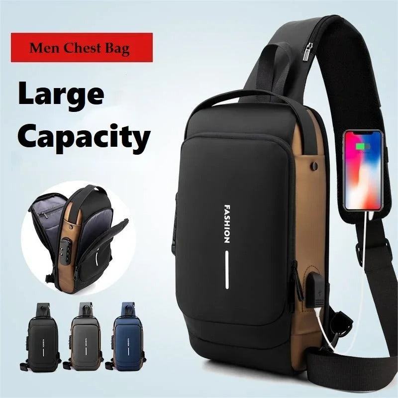 Imported Fashion Charging Anti-Theft | Sling Shoulder Bag, Waterproof with Password Lock | Crossbody Unisex Bag Chest Bag - Black