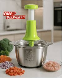 Best Quality Premium Stainless Steel 2L Hand Push Chopper – Multifunctional Meat & Vegetable Cutter with 4 Sharp Blades Portable Food Processor Bowl for Easy Kitchen Use